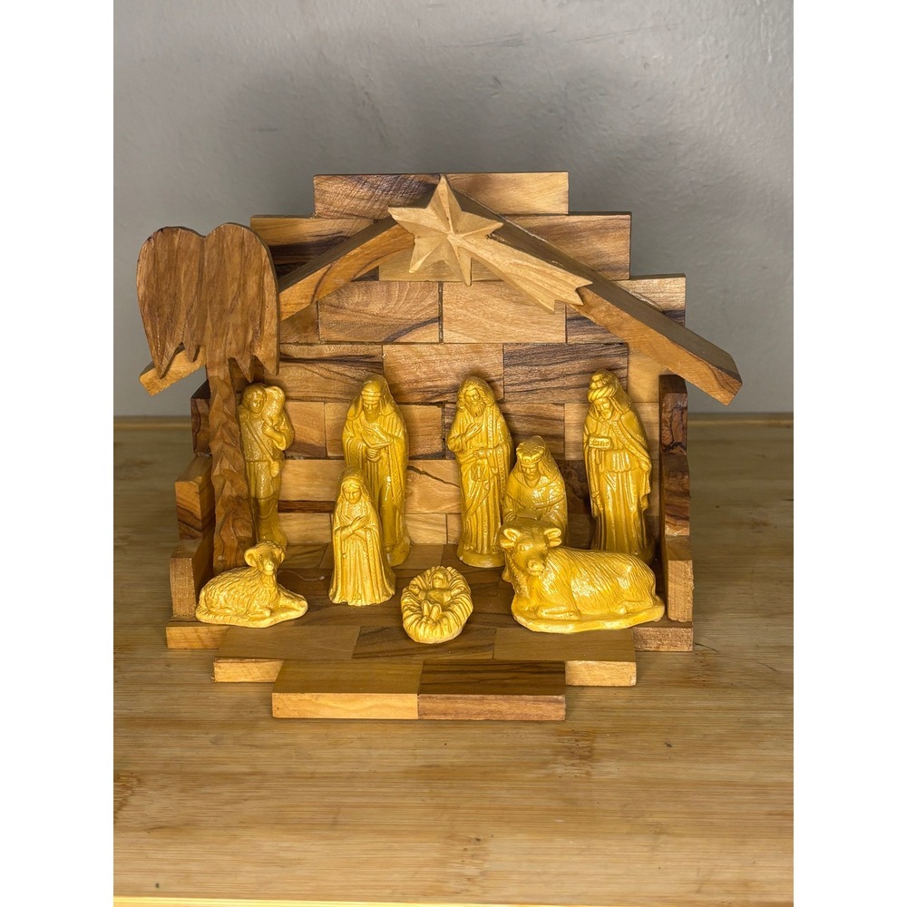 Vintage Bethlehem Olive Wood Hand Carved Nativity Set Holy Land Christmas Decor
